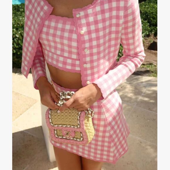 NWT LoveShackFancy Bridgette Checkered Knit Cardigan XSmall Pink Pearl Plaid - Picture 2 of 11